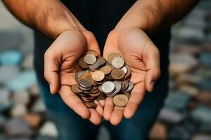 hombre participación monedas en palma foto