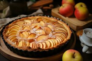 freshly baked apple pie on a baking pan photo