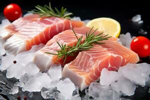 Front close view fresh fish slices with ice on dark gray background photo