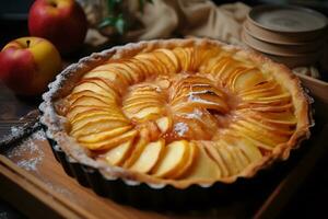 recién horneado manzana tarta en un horneando pan foto