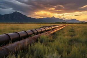 petróleo tubería corriendo mediante un campo hacia un montaña en el distancia. foto