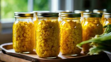 Sterilized corn in a jar. Generative AI photo