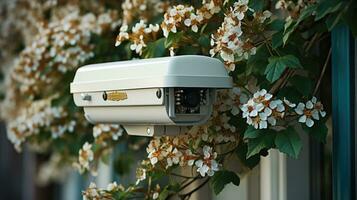 Security camera in front of house with flowers in the foreground. photo