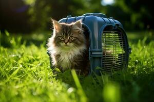 Cat sitting in carrier on grass. photo