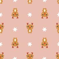 Christmas cartoon seamless pattern with deers and poinsettia flowers. Xmas print for tee, paper, textile and fabric. vector