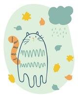 Autumn cat on a rainy day in retro style. National Cat Day concept. Perfect print for tee, poster, card, sticker. vector