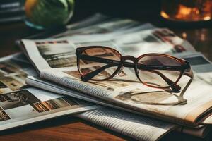 Magazines on table with eyeglasses. photo