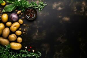Food background. Top view of potatoes, herbs and spices on rustic black slate. photo