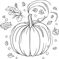 hand-drawn pumpkin with leaves. coloring book. coloring page Hello, September autumn fall vector art hand-drawn illustration, natural leaf collection, pencil sketch coloring book, and page.