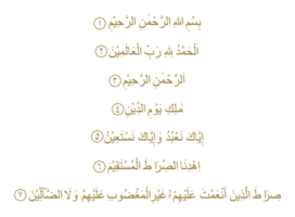 Al Fatiha or Al Fatihah, opening or opener, is the first surah of the Quran, 7 verses which are a prayer for guidance and mercy, recited in Muslim obligatory and voluntary prayers in the Sholat. png