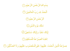al Fatih oder al Fatihah, Öffnung oder Öffner, ist das zuerst Sure von das Koran, 7 Verse welche sind ein Gebet zum Orientierungshilfe und Gnade, rezitiert im Muslim obligatorisch und freiwillig Gebete im das Sholat. png