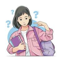 pequeño niño, colegio muchacha. participación un pregunta libro por señalando un dedo vector ilustración Pro descargar