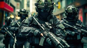 Special Forces Team in Tactical Gear and Helmets with Assault Rifles in a City Street AI Generated photo