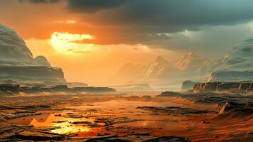 naranja y amarillo matices un maravilloso imagen de un marciano paisaje con Nevado picos con rocoso montaña ai generativo foto