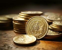 Closeup of a Schorndorf Gold Coin with Coat of Arms on a Wooden Surface AI Generative photo