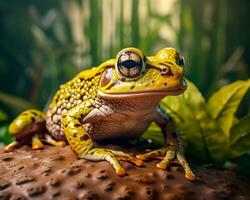 Colorful Tropical Amphibian Closeup of a Yellow Frog with Black Spots on a Rock Bumpy Skin AI Generative photo