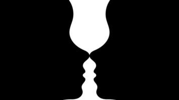 Optical illusion, two black silhouettes of faces in profile and a white silhouette of a goblet. Vector. Gestalt psychology test. Educational games, psychological books, tests, psychology. vector