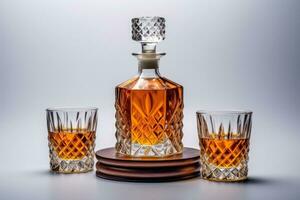 Decanter with whiskey or cognac and a glass on a white background photo