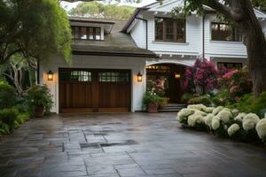 Garage door with a driveway in front. photo