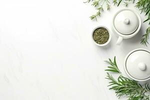 Green tea in a white teapot and cups on white background top view with copy space. Generative AI photo