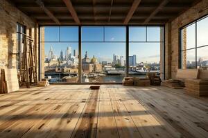 Interior of modern loft with wooden floor and panoramic city view. Generative AI photo