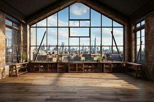 Interior of modern loft with wooden floor and panoramic city view. Generative AI photo