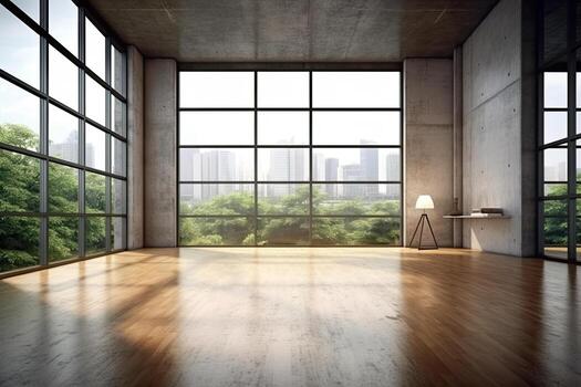 Empty room with panoramic window and mountain view. Generative AI photo