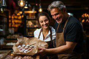 Employees package customers with fresh pastries in a stylish shop.. Generative AI photo