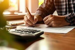 Accounting Calculating Mathematic Economic Finance Concept.Businessman using calculator and writing financial report in office. Generative AI photo