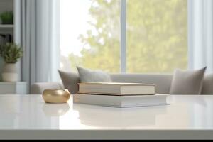 Close - up Modern white table top with free space to edit your product display with books above the living room blurred in the background. Generative AI photo