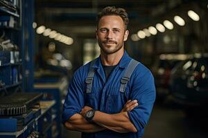 Technician, male auto mechanic in coverall in modern auto repair shop, garage. Generative AI photo