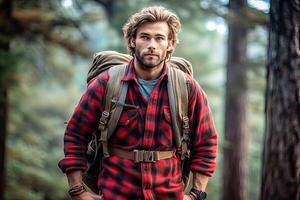Handsome bearded man with backpack in the autumn forest. Travel and adventure concept. photo