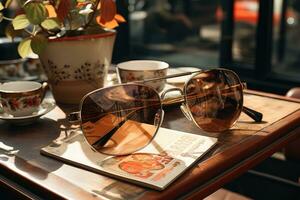 Magazines on table with eyeglasses. photo