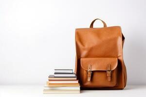 School bag and textbooks in front of a white background. Back to school concept. photo