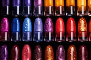 Group colored nail polishes. Set of decorative cosmetics for body care. photo