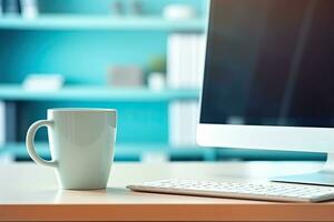 Office desk table with keyboard and coffee cup. Top view with copy space. Generative AI photo
