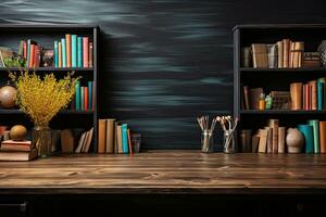 Bookshelf and vintage writing desk with books and decorations on black background. Generative AI photo