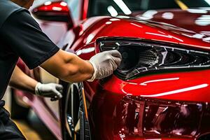 Close up of a auto body mechanic buffing a scratch on sports car. Generative AI photo