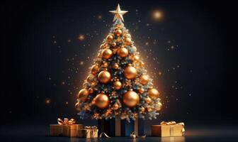 3d rendering of a christmas tree with golden balls . AI Generated photo