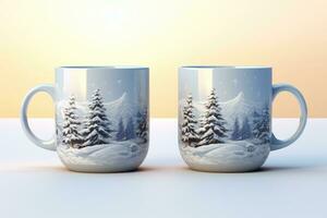 Decorated christmas coffee mug with winter forest landscape and snow. photo