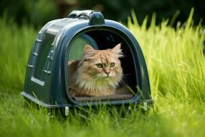 Cat sitting in carrier on grass. photo