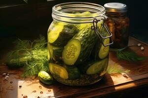 Homemade fermented pickled cucumbers in a jar. photo