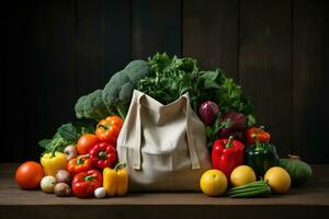 eco bolso con productos verduras, frutas cero residuos utilizar Menos el plastico concepto. generativo ai foto