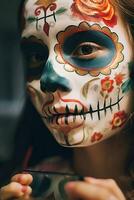 un niña pone en su cara maquillaje en el formar de un cráneo en el mexicano tradicional gente fiesta día de el muerto foto