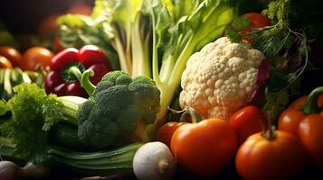 Close-up of various fresh vegetables on the table. Ai generated. photo