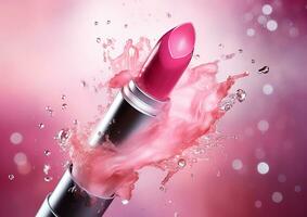 Pink lipstick with splashes and splashes of rose water. photo