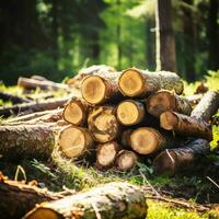 Close-up felled and sawn tree trunks stacked on the outskirts of the forest. photo