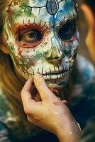 A girl puts on her face makeup in the form of a skull on the Mexican traditional folk holiday Day of the Dead photo