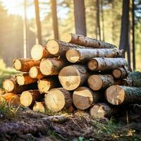 Close-up felled and sawn tree trunks stacked on the outskirts of the forest. photo