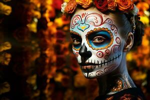 un niña pone en su cara maquillaje en el formar de un cráneo en el mexicano tradicional gente fiesta día de el muerto foto